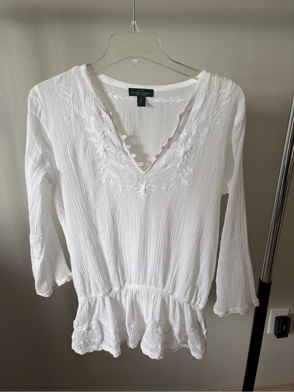 Ralph Lauren White Embroidered V-Neck Sheer Peplum Tunic